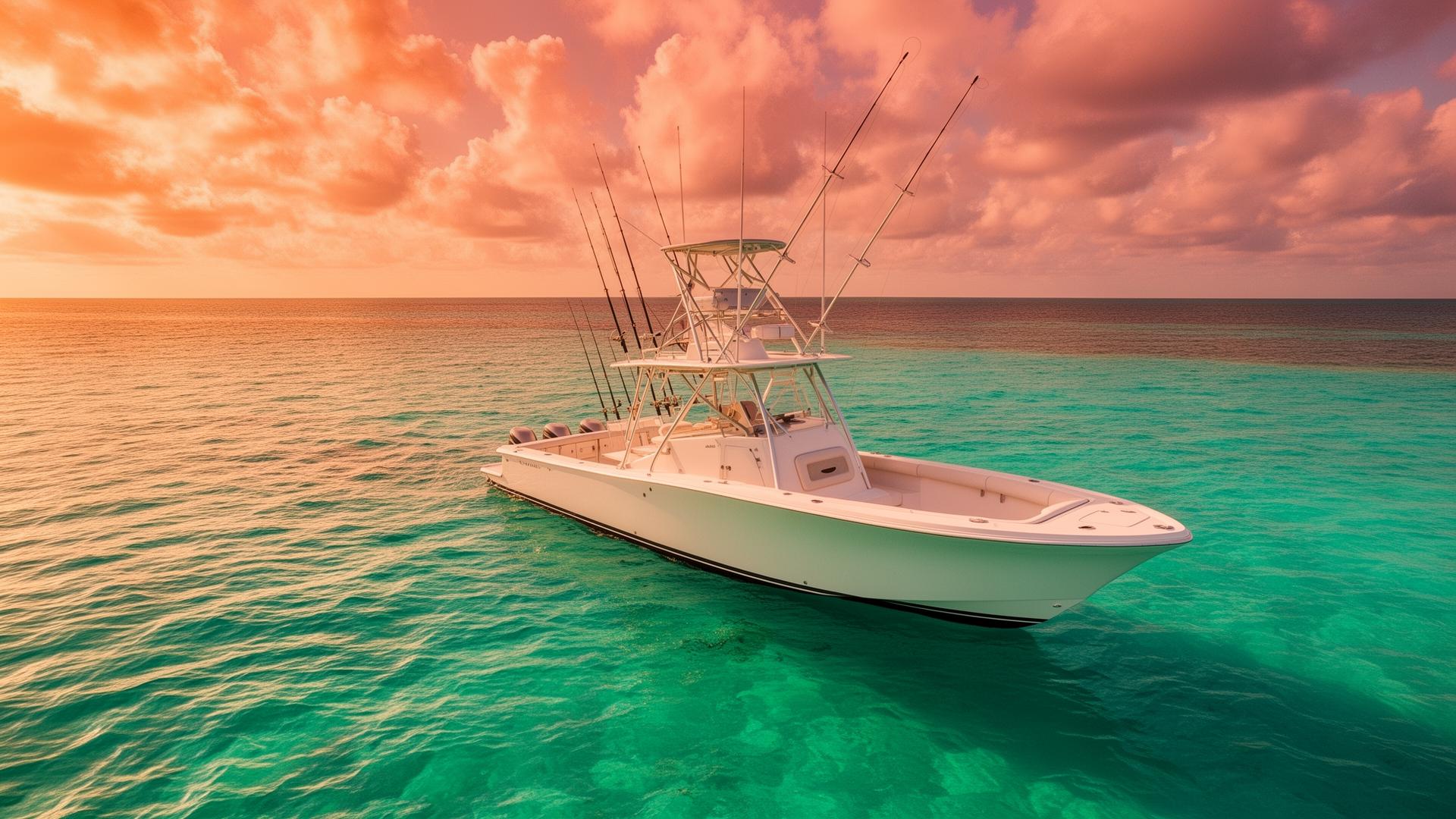 Charter fishing boat on turquoise waters